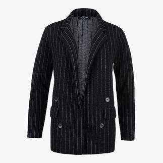 Schwarzer Nadelstreifen-Strickblazer mit Knöpfen.