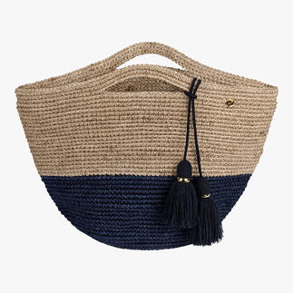 AALUNA Korbtasche mit hohem Rand und blauen und schwarzen Quasten.