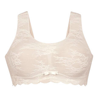 Beiger Spitzen-Bralette mit breiten Trägern und Schleife in der Mitte.