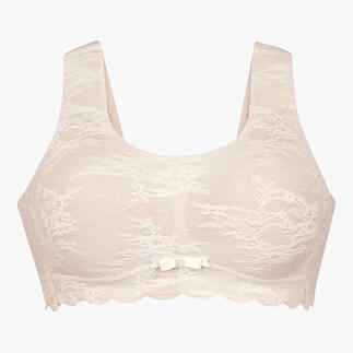 Beiger Spitzen-Bralette mit breiten Trägern und Schleife in der Mitte.