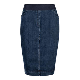 Vorneansicht eines blauen Jeansrocks mit elastischem Bund und schmaler Form.