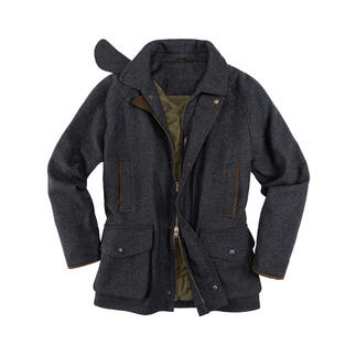 Alan Paine Hunting Coat in grauem Stoff mit mehreren Taschen und braunen Akzenten.