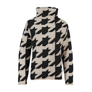 Hahnentritt-Kaschmir-Pulli in Schwarz und Weiß, frontal aufgenommen.