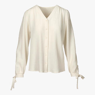 Helle Baumwoll-Kaschmir-Bluse mit langen Ärmeln und Bindebändern.