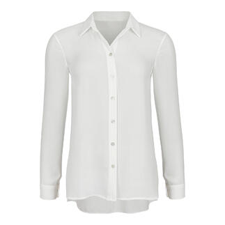 Weiße Bluse mit Knopfleiste, langer Passform und eleganten Ärmeln.