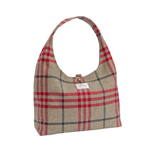Tartan-Shopper frontal mit Etikett, rot-weißes Karomuster