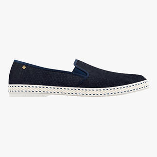 Dunkelblaue Lederslipper, seitliche Ansicht