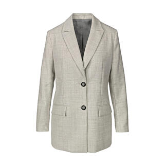 Grauer Blazer mit zwei Knöpfen auf weißem Hintergrund.