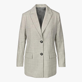 Grauer Blazer mit zwei Knöpfen auf weißem Hintergrund.