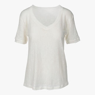Edel-Leinen-Shirt, Größe 36, in weiß mit V-Ausschnitt und kurzen Ärmeln.