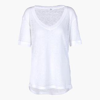 Weißes Edel Leinenshirt mit V-Ausschnitt auf weißem Hintergrund.