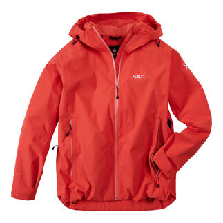 Rote Hardshell-Jacke von Halti mit Kapuze.