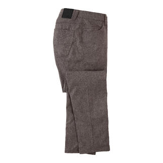 Taupefarbene Kaschmir-Five-Pocket-Hose, seitliche Ansicht.