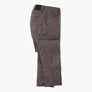 Taupefarbene Kaschmir-Five-Pocket-Hose, seitliche Ansicht.