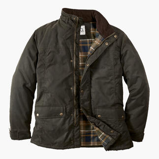 Olivgrüne Oilskin-Outdoorjacke mit Karomuster innen und Knöpfen.