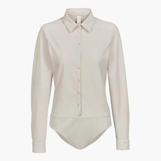 Beige Blusenbody mit langen Ärmeln und Knopfleiste.