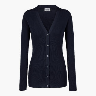 Dunkelblaue Strickjacke mit V-Ausschnitt und Knöpfen.