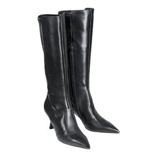 Schwarze Stretchleder-Stiefel mit hohem Schaft und spitzem Absatz.