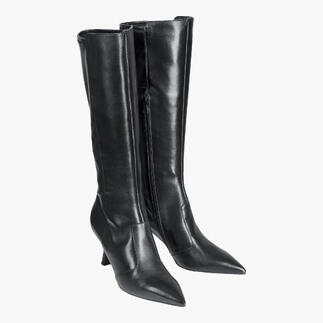 Schwarze Stretchleder-Stiefel mit hohem Schaft und spitzem Absatz.