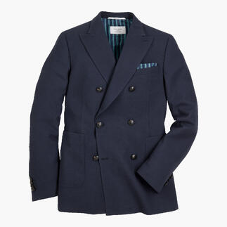 Dunkelblauer Pinpoint-Blazer mit doppelter Knopfreihe und breitem Revers.