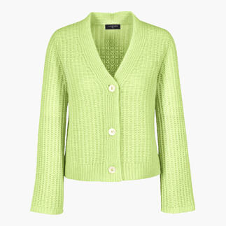 Heller, grün strukturierter Cashmere-Cotton-Cardigan mit Knöpfen, frontal.