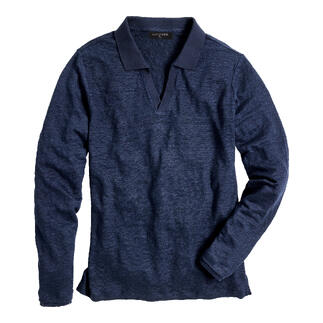 Blaues Langarm-Shirt liegt flach auf einer Oberfläche.