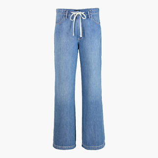 Vordere Ansicht einer blauen Baumwoll-Jeans mit Kordelzug