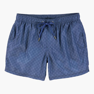 Badeshorts in Marineblau mit Muster und Kordelzug.