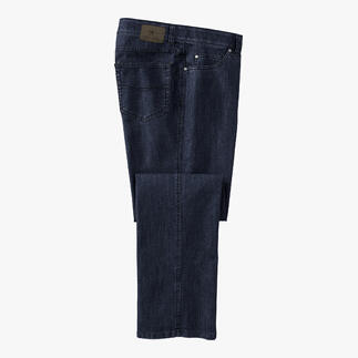 Dunkelblaue Jeans, liegend.