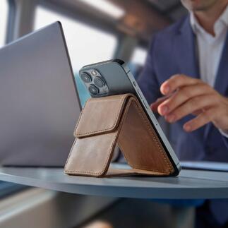 2-in-1 Smartphone-Lederwallet mit RFID-Schutz auf einem Tisch.