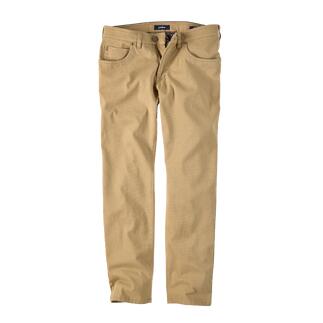 Sandfarbene gardeur Five-Pocket-Hose auf weißem Hintergrund ausgelegt.