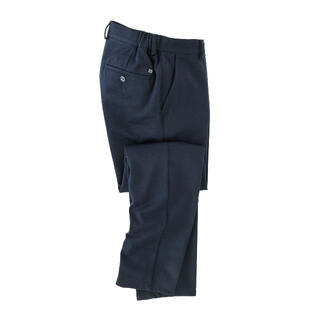 Detail einer gehobenen Komfort-Schurwollhose, Navy mit Tasche.