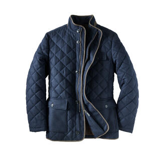 Blaue Steppjacke mit Taschen und Reißverschluss.