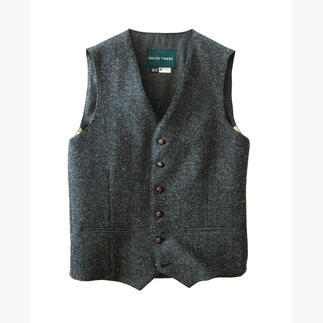 Anthrazitfarbige Tweed-Leinen-Weste mit Knöpfen.