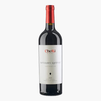 Flasche Saperavi Qvevri Wein mit klassischem Etikett.