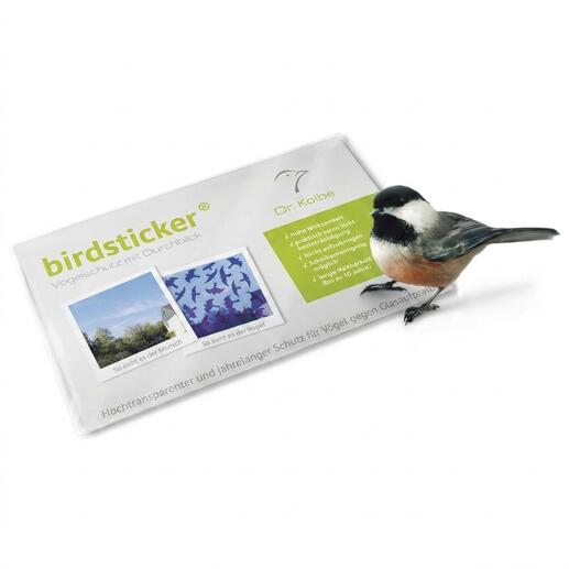 Verpackung der birdsticker mit einem Vogel auf hellen Hintergrund.