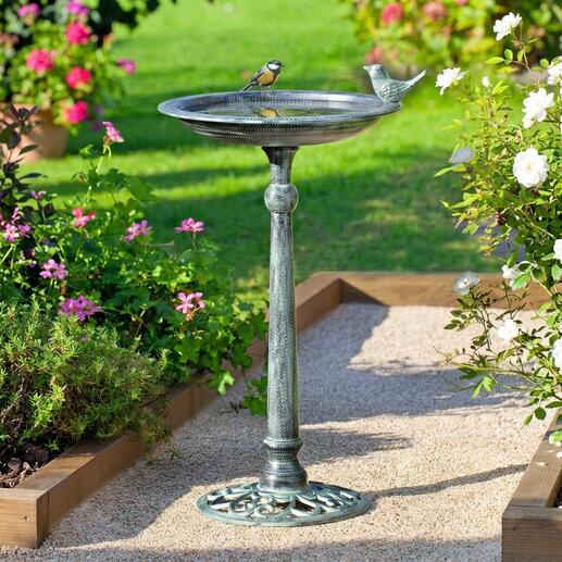 Viktorianisches Vogelbad mit Vogel in einem blühenden Garten
