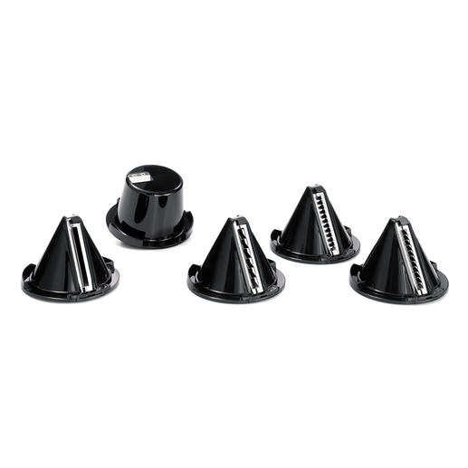 Mit 5 Schneideinsätzen für Gemüse in Spaghetti-, Linguine-, Tagliatelle-, Pappardelle- und Tornado-Form. Mit 5 Schneideinsätzen für Gemüse in Spaghetti-, Linguine-, Tagliatelle-, Pappardelle- und Tornado-Form.