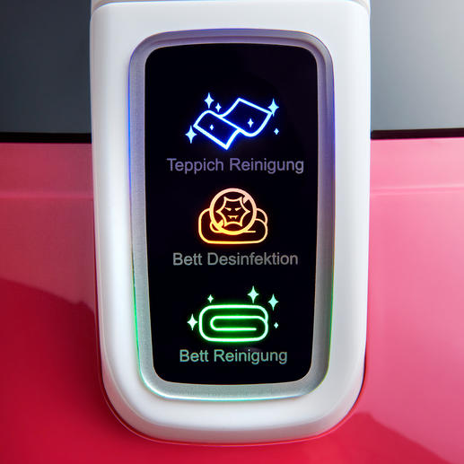 Leicht verständliche Symbole zeigen den gewählten Modus an: Teppich Reinigung, Bettwaren-Desinfektion oder Bettwaren-Reinigung. Leicht verständliche Symbole zeigen den gewählten Modus an: Teppich Reinigung, Bettwaren-Desinfektion oder Bettwaren-Reinigung.