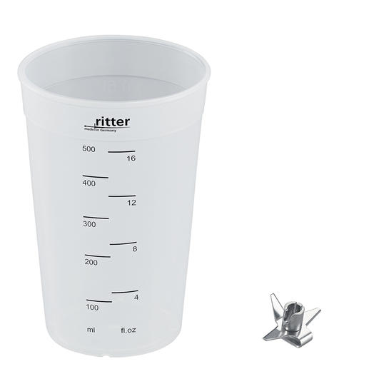 Mitgeliefertes Zubehör: Universalmesser und 500-ml-Mixbecher aus Kunststoff. Mitgeliefertes Zubehör: Universalmesser und 500-ml-Mixbecher aus Kunststoff.