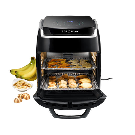 1.800-W-Heißluft-Ofen, Grill mit Drehspieß, Dörrautomat und Umluft-Ofen mit 5 Ebenen in einem. 1.800-W-Heißluft-Ofen, Grill mit Drehspieß, Dörrautomat und Umluft-Ofen mit 5 Ebenen in einem.