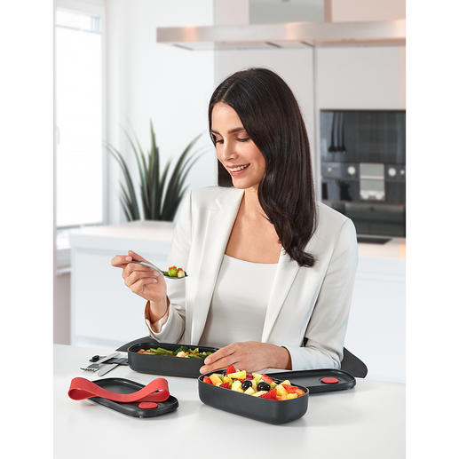 Zwei separate Abteile halten Snacks, Warmspeisen, Obst, Käse, … sauber getrennt. Zwei separate Abteile halten Snacks, Warmspeisen, Obst, Käse, … sauber getrennt.