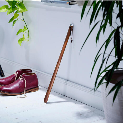 Schuhanzieher neben einem Paar roter Schuhe.