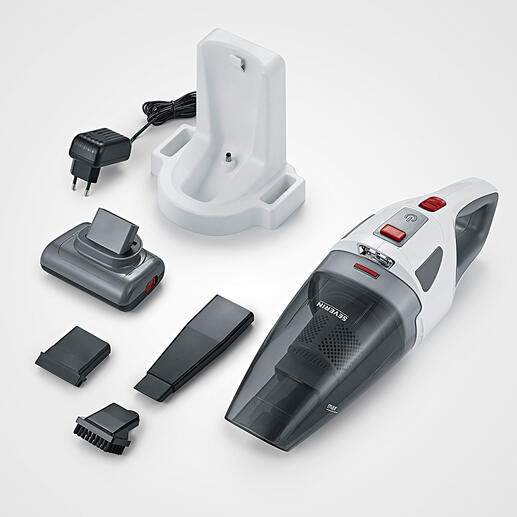 Der S’Power® Akku-Handsauger wird geliefert mit: Wandhalter/230 V-Ladestation, rotierender Turbo-Bürste, 13 cm-Fugendüse, Gummiaufsatz für Flüssigkeiten und Bürsten-Aufsatz für z.B. Tastaturen, Möbel.