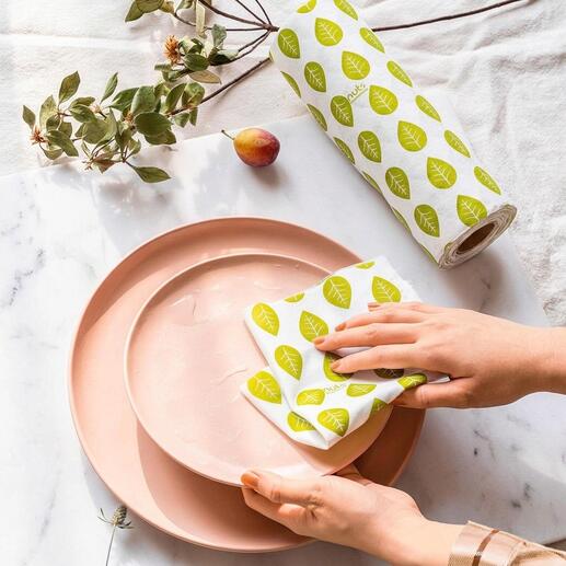 Mehrweg-Küchenrolle mit grünem Blattdesign auf einem Tisch
