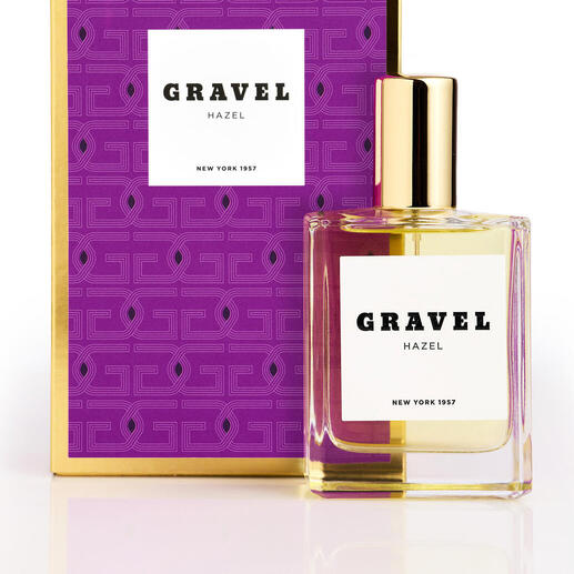 Gravel Hazel Eau de Parfum Spray in orange- und lila-verpackter Box