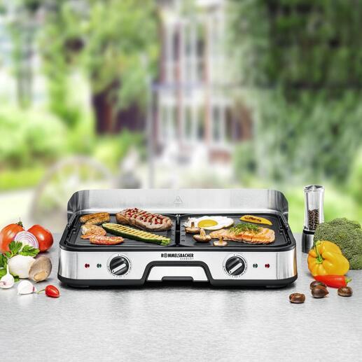 Tischgrill BBQ 2025 auf einem Tisch mit frischen Zutaten und gegrilltem Essen.