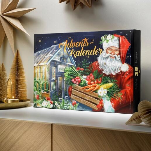 Saat-Adventskalender illustriert mit einem Weihnachtsmann und Gemüse.