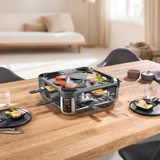 Raclette-Grill mit eingebautem Rauchabzug auf einem Tisch gedeckt.
