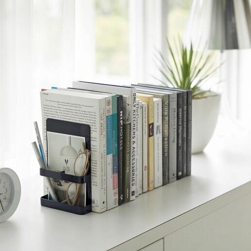 Buchstütze im 2er-Set, schwarz, mit Platz für Stifte und Notizen.